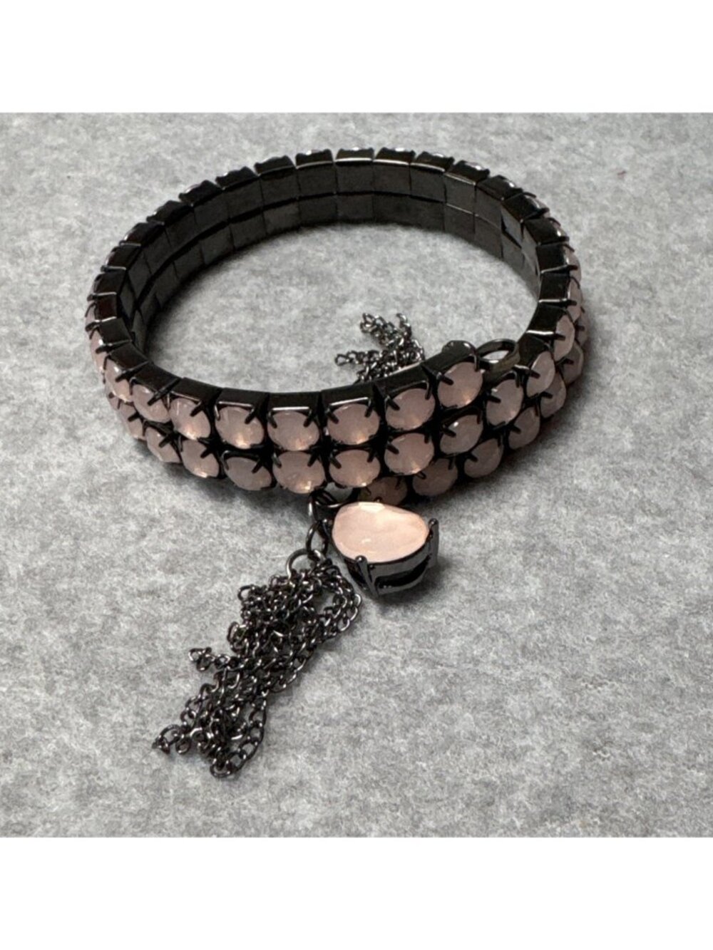 Pink Stone & Gunmetal Chain Wrap Bracelet with Dangling Charm Details